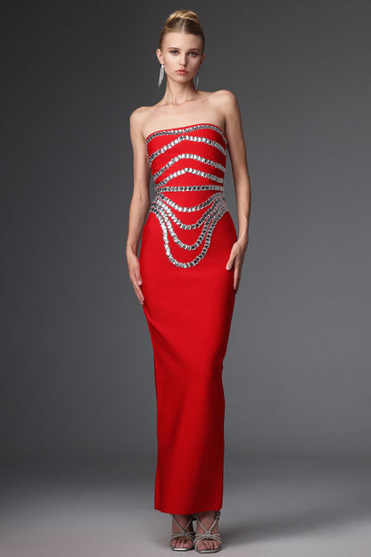 LLstyle Radiant Red Strapless Crystal-Embellished Gown