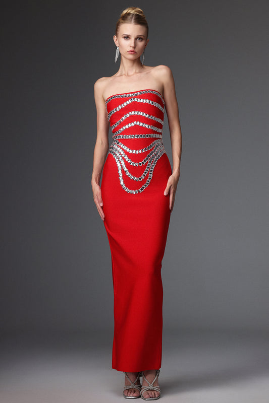 LLstyle Radiant Red Strapless Crystal-Embellished Gown