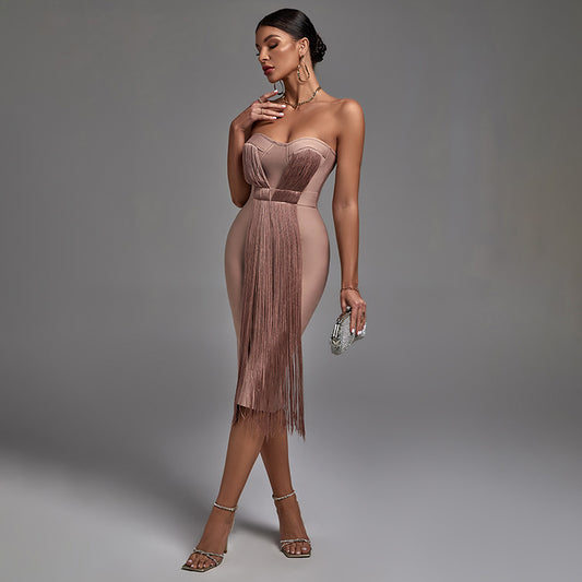 LLstyle Nude Fringe Corset Midi Dress