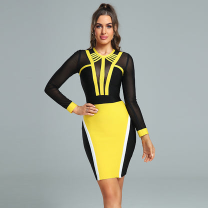LLstyle Yellow Black Mesh Panel Dress