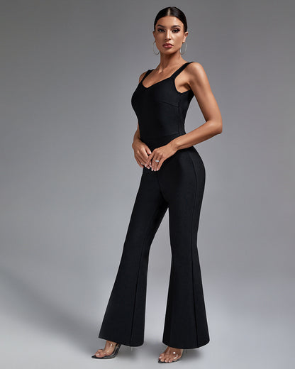 LLstyle Black Wide-Strap Flare-Leg Jumpsuit