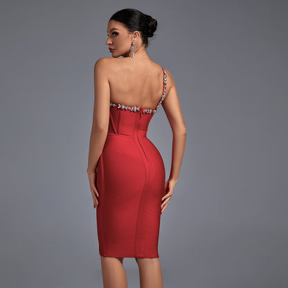 LLstyle One Shoulder Embellished Red Corset Midi Dress