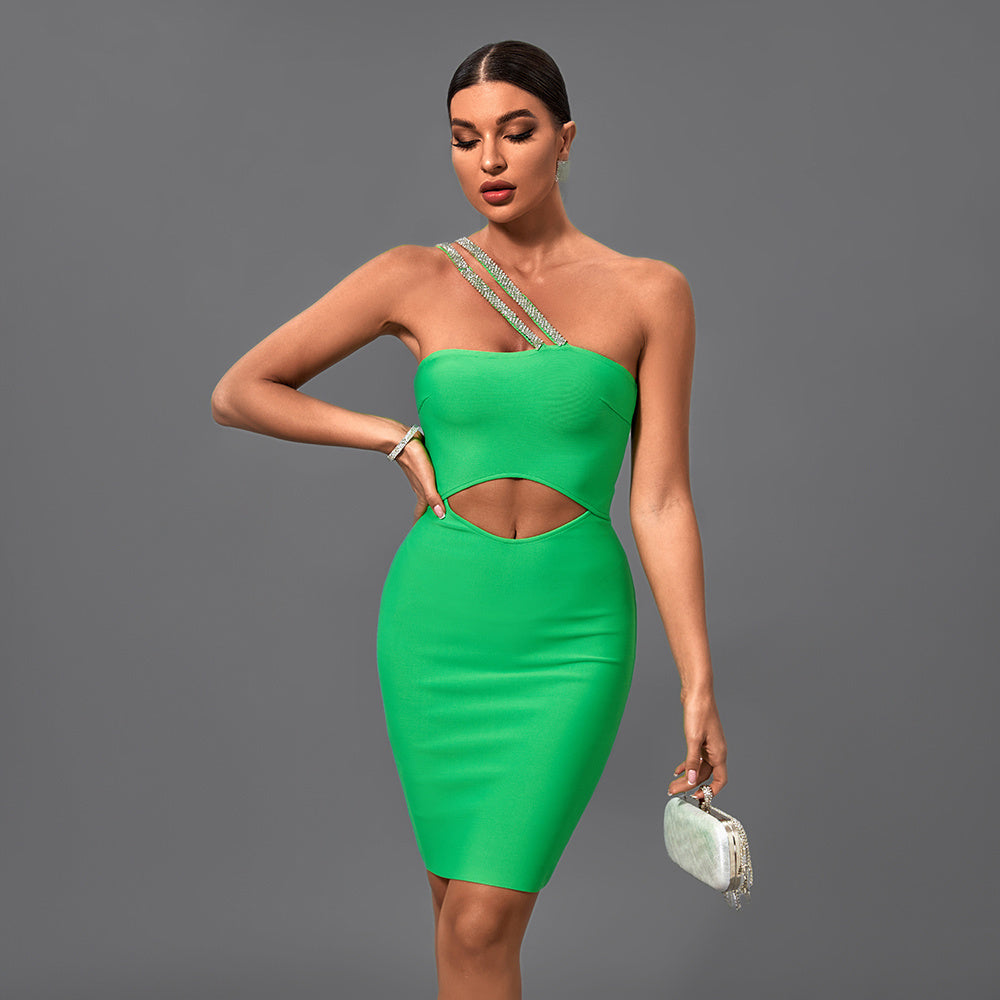 LLstyle One Shoulder Cutout Green Mini Dress