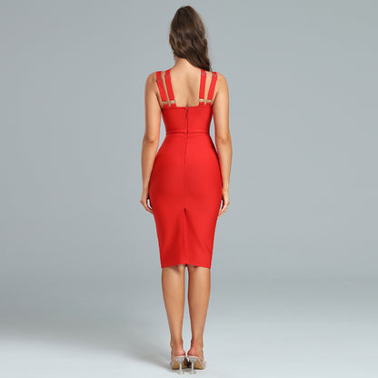 LLstyle Red Cross-Strap Midi Dress