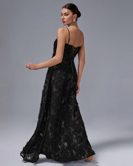 LLstyle Black Sheer Lace Slip Maxi Dress