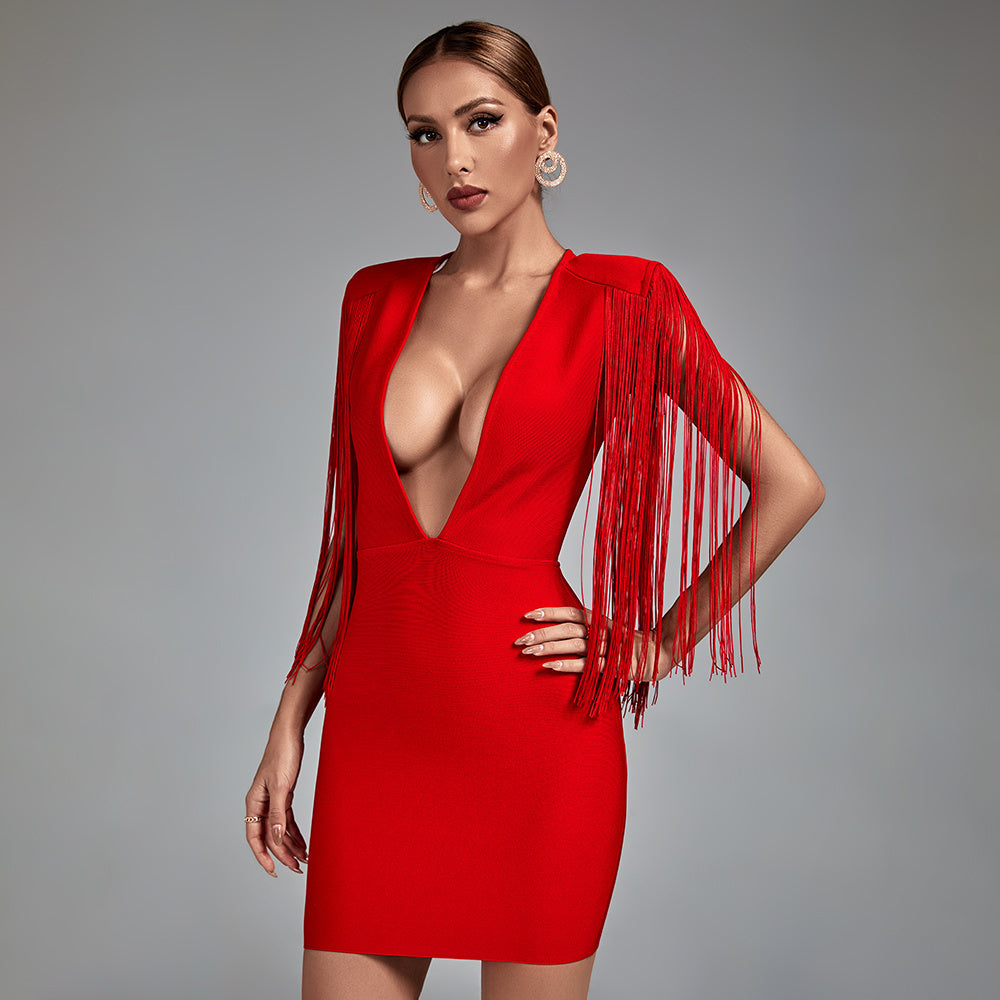 LLstyle Red Fringe Deep V Mini Dress