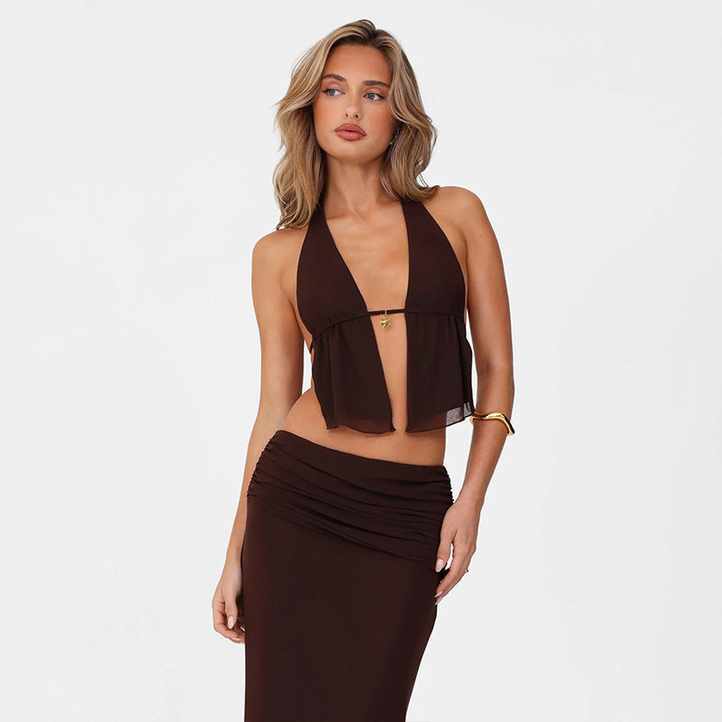 LLstyle Chocolate Brown Two-Piece Halter Maxi Set