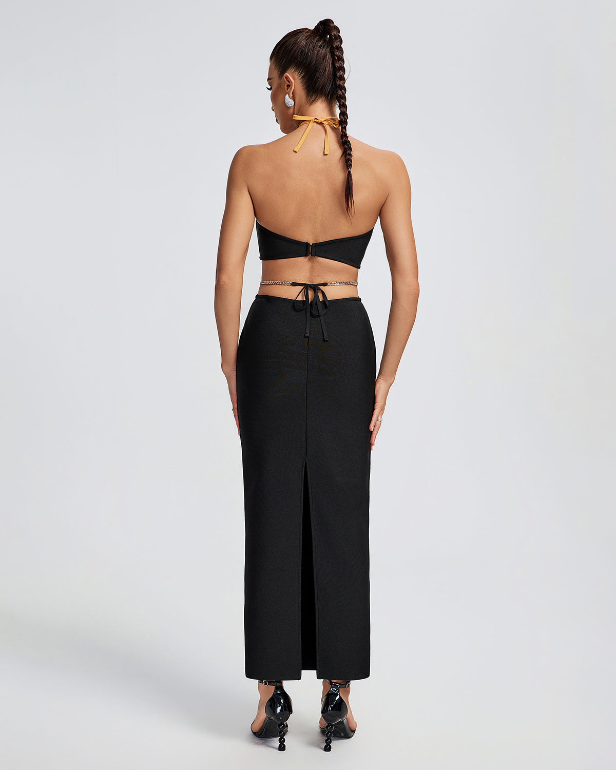 LLstyle Black Cutout Halter Maxi Dress with Gold Chain Detail