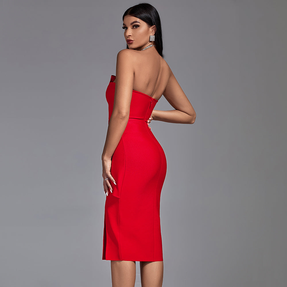 LLstyle Elegant Red Strapless Ruffle Midi Dress