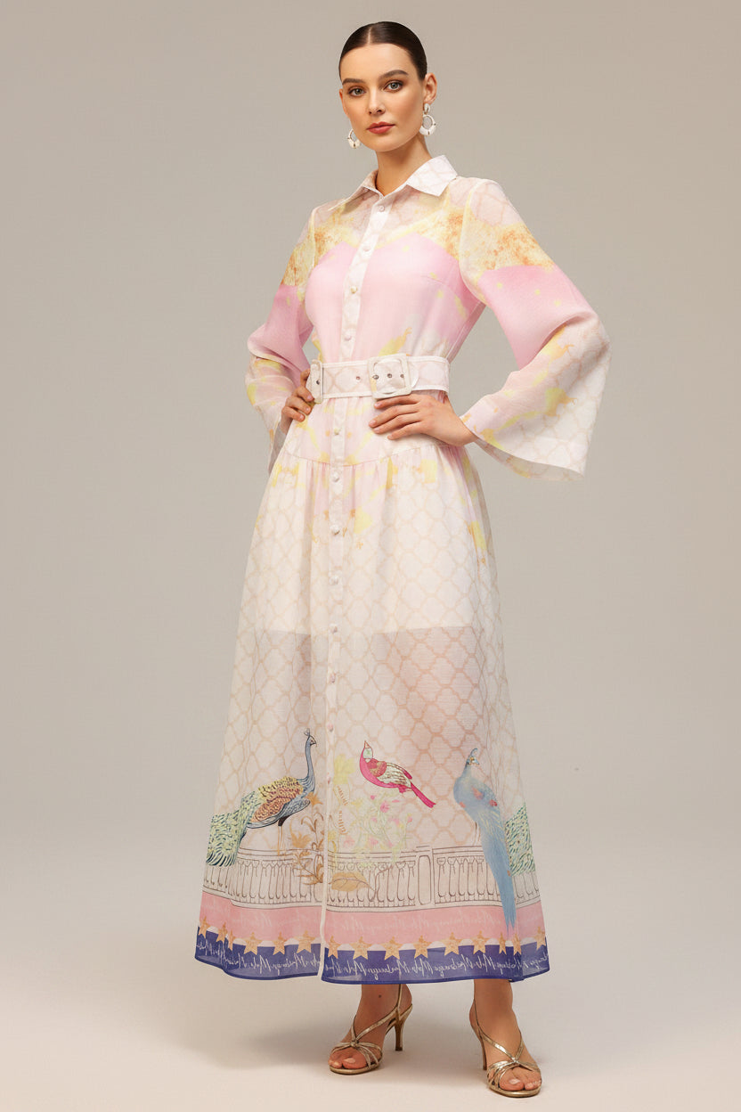 Printed Belted Shirt Midi Dress