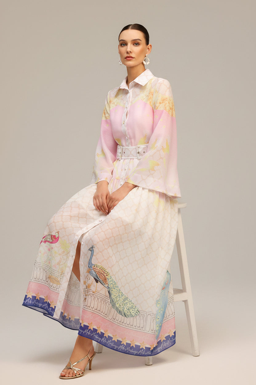 Printed Belted Shirt Midi Dress