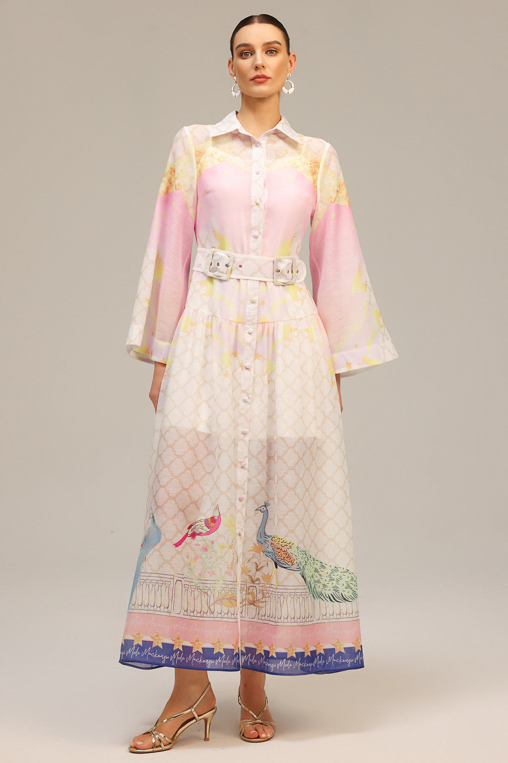 Printed Belted Shirt Midi Dress