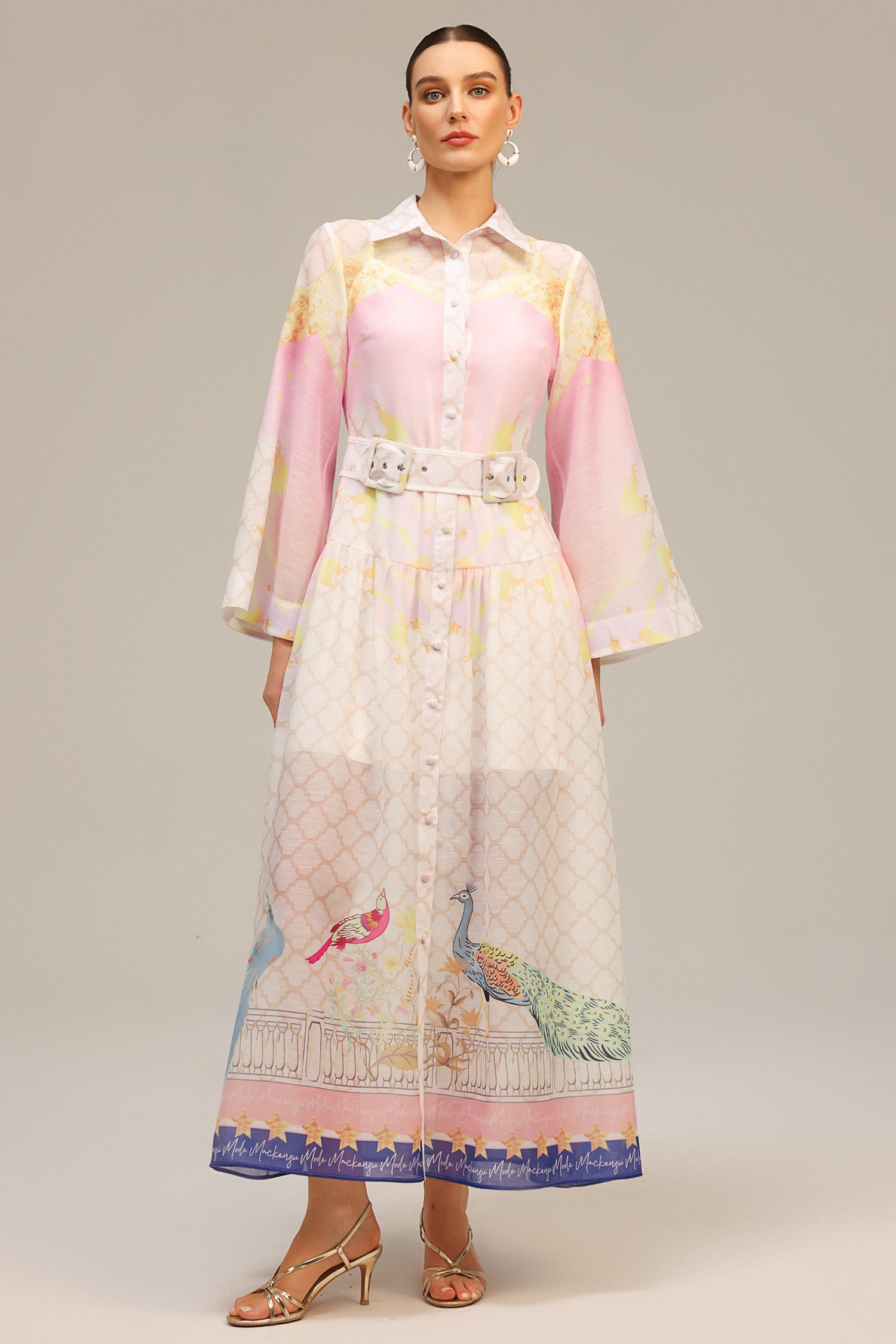 Printed Belted Shirt Midi Dress