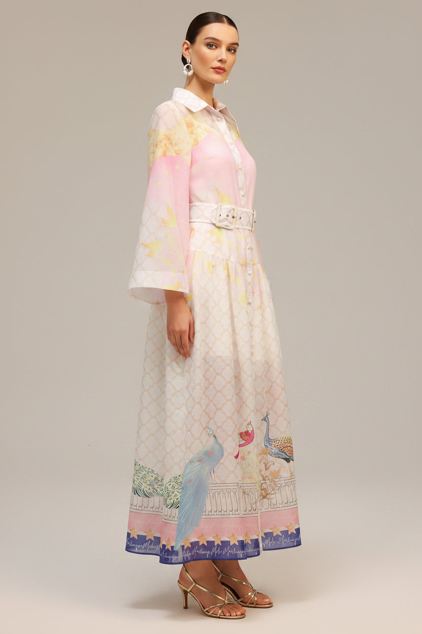 Printed Belted Shirt Midi Dress