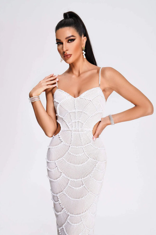 LLstyle V Neck White Pearl Beading Cut Out Maxi Dress