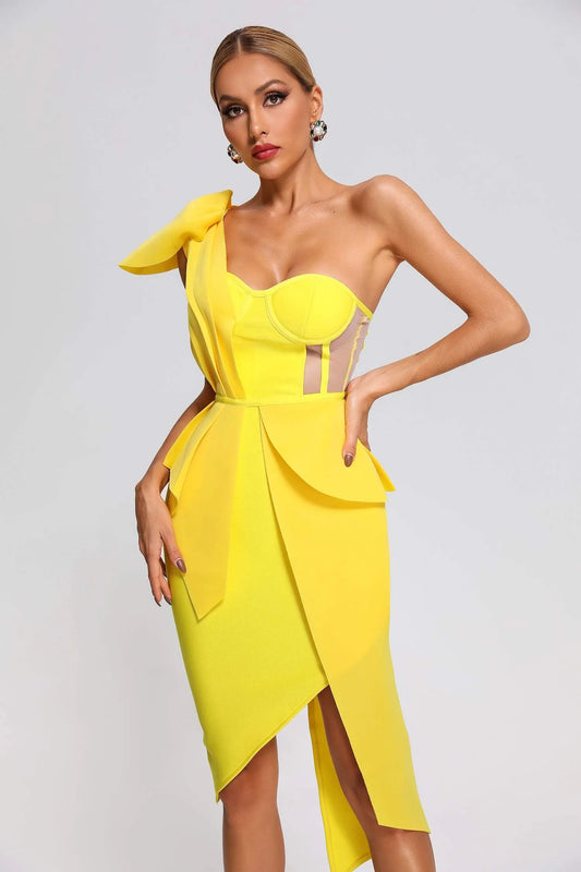 LLstyle One-Shoulder Sculpted Yellow Midi Dress