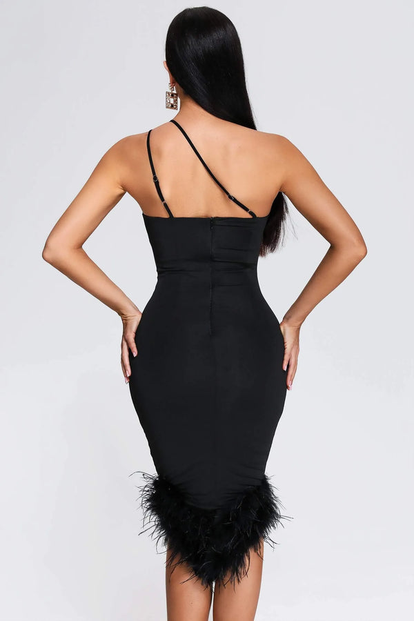 LLstyle Womens One Shoulder Feather Hem Split Bandage Dress