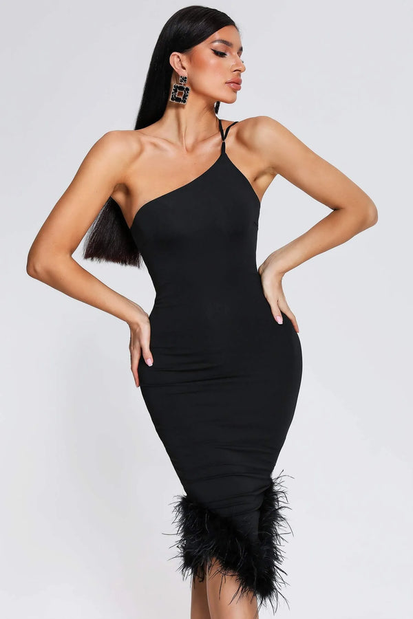 LLstyle Womens One Shoulder Feather Hem Split Bandage Dress