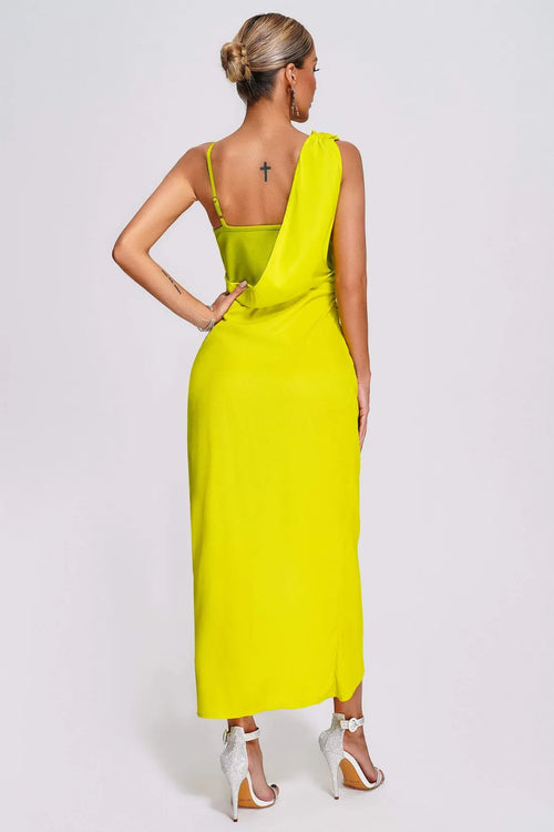 LLstyle Lime Draped Bustier Slit Dress