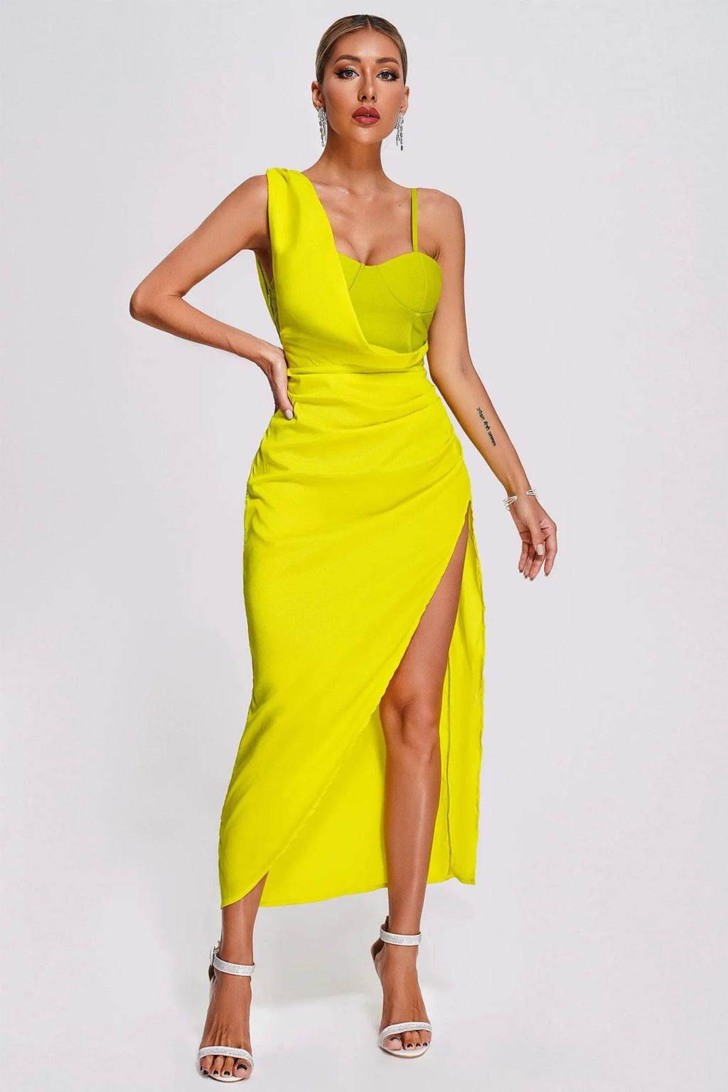 LLstyle Lime Draped Bustier Slit Dress