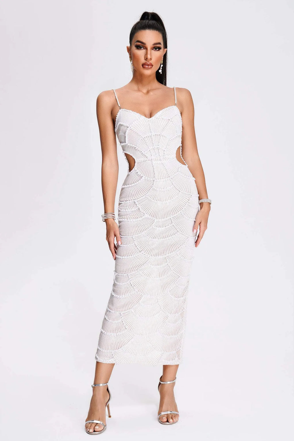 LLstyle V Neck White Pearl Beading Cut Out Maxi Dress