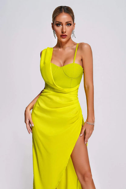 LLstyle Lime Draped Bustier Slit Dress
