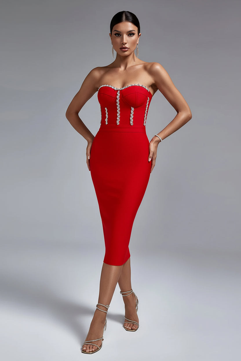 LLstyle Crystal Trim Strapless Midi Dress