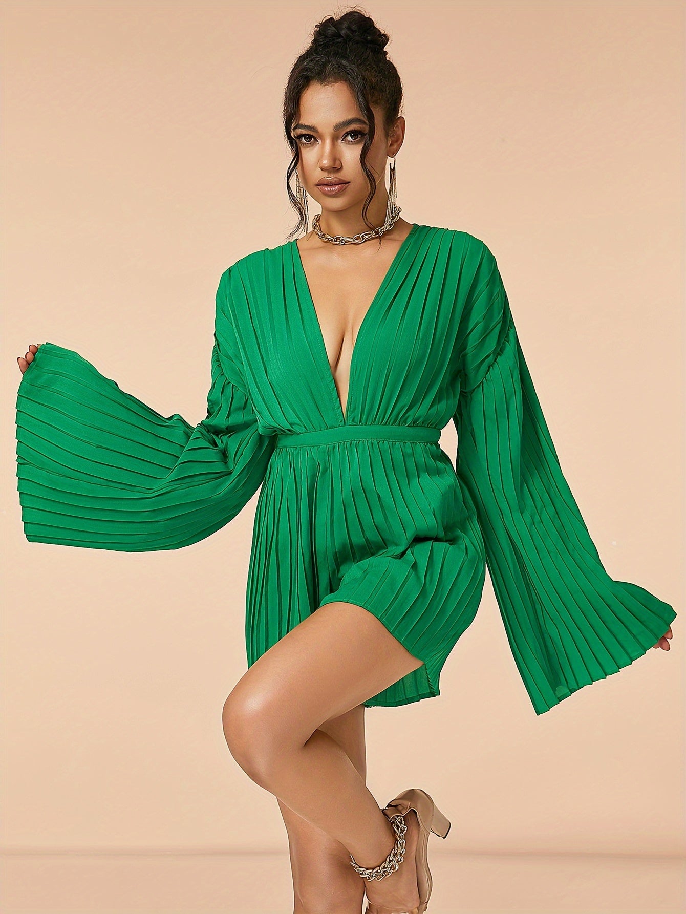 LLstyle Pleated V Neck Romper Jumpsuit