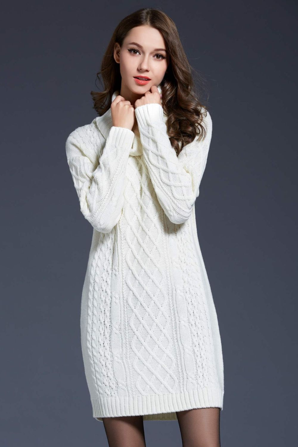 Full Size Mixed Knit Cowl Neck Shoulder Sweater Dress