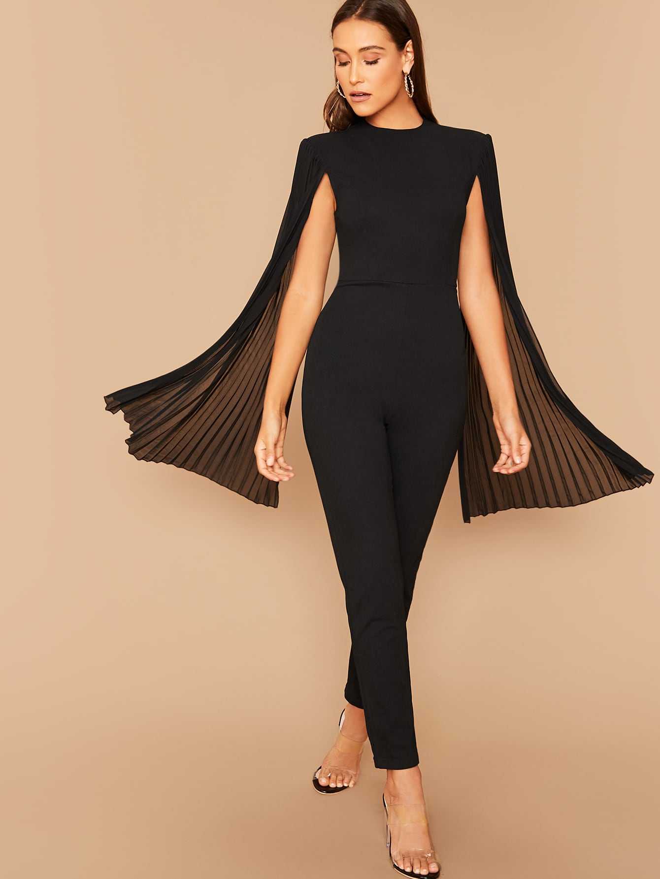 ROSE Solid Pleated Cape Jumpsuit