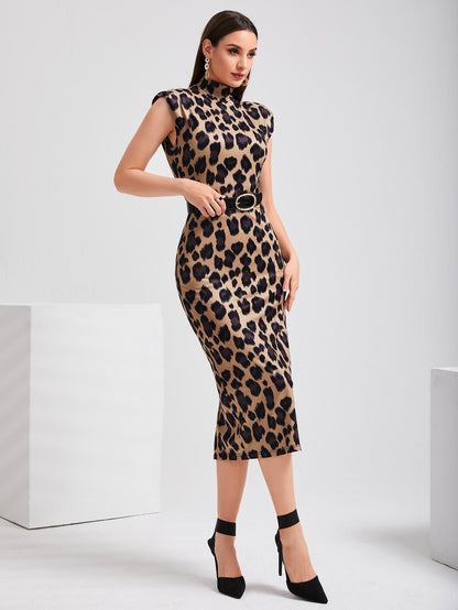 Leopard Print Shoulder Pad Split Back Bodycon Dress