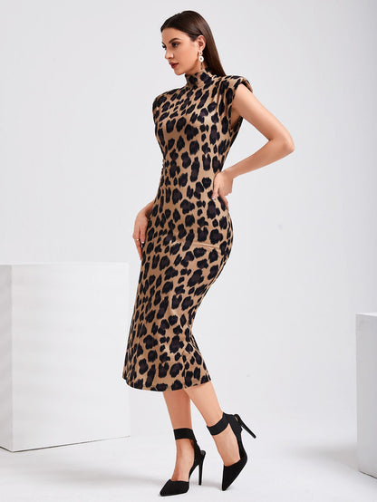 Leopard Print Shoulder Pad Split Back Bodycon Dress