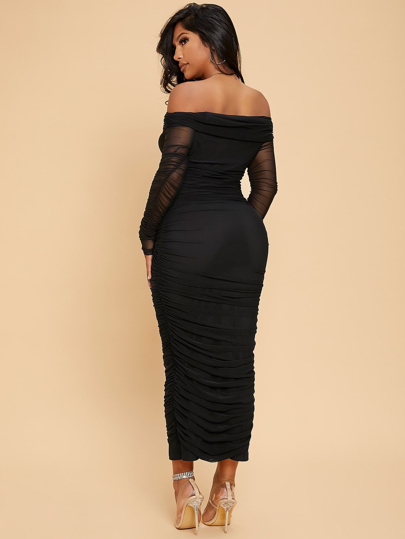 LLstyle-Off Shoulder Ruched Mesh Bodycon Dress
