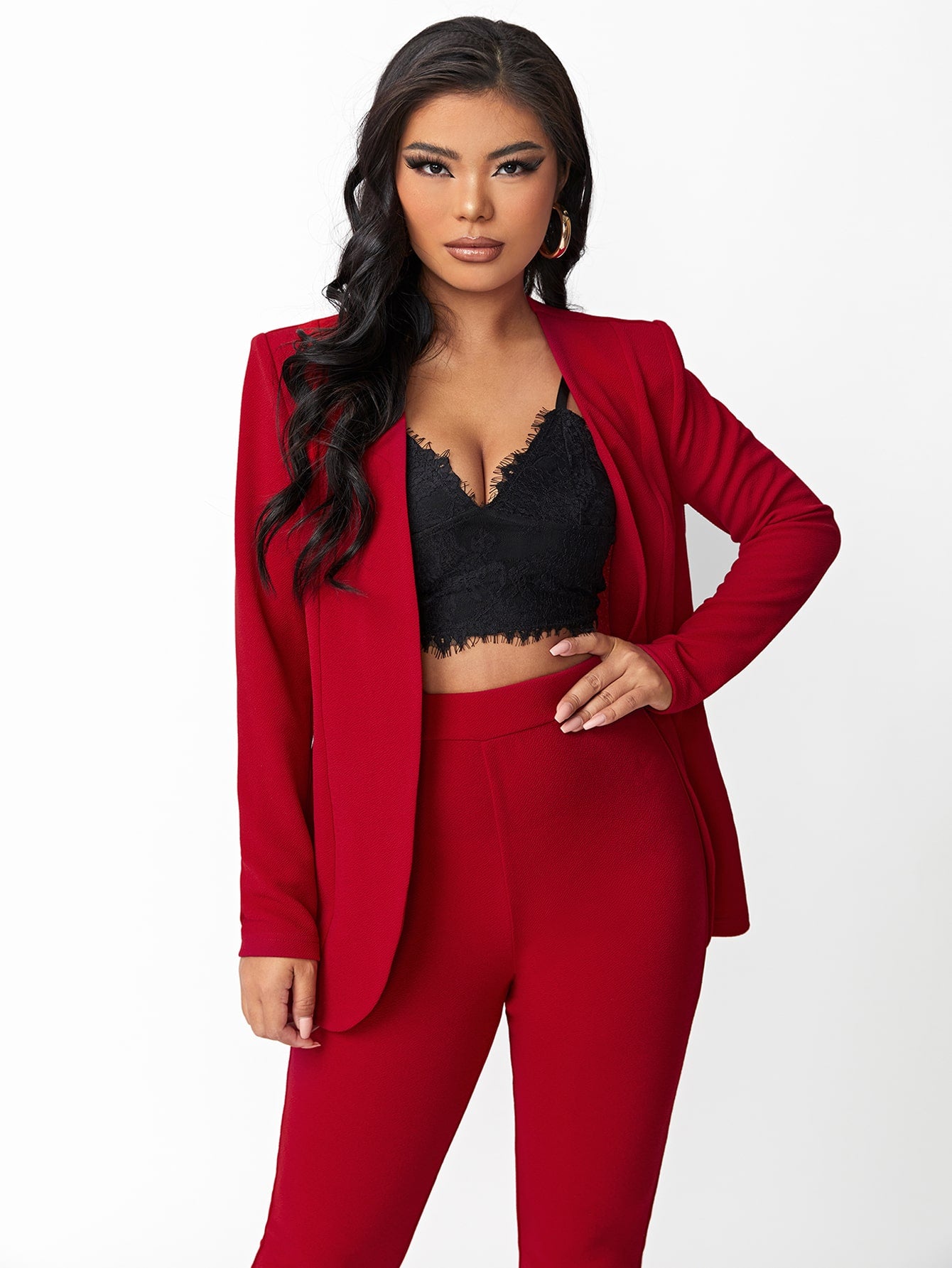 LLstyle Solid Open Front Blazer & Pants Set Without Camisole