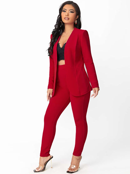LLstyle Solid Open Front Blazer & Pants Set Without Camisole