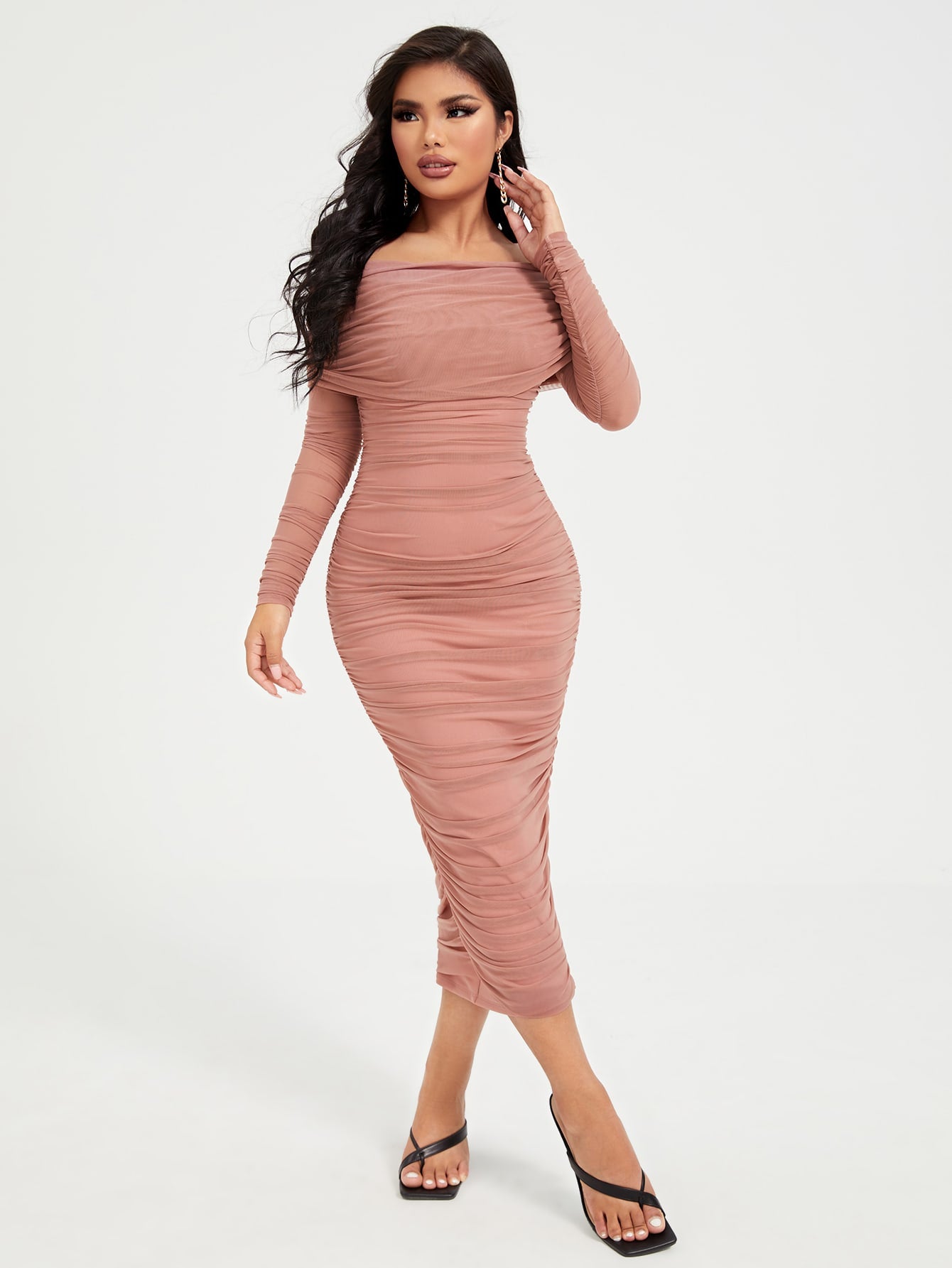 LLstyle-Off Shoulder Ruched Mesh Bodycon Dress
