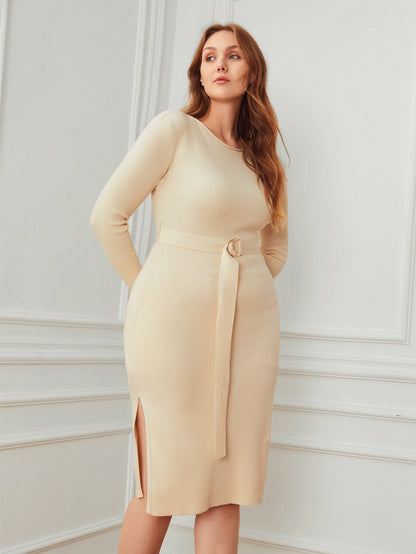 LLstyle WOOL MIX BELTED SWEATER DRESS