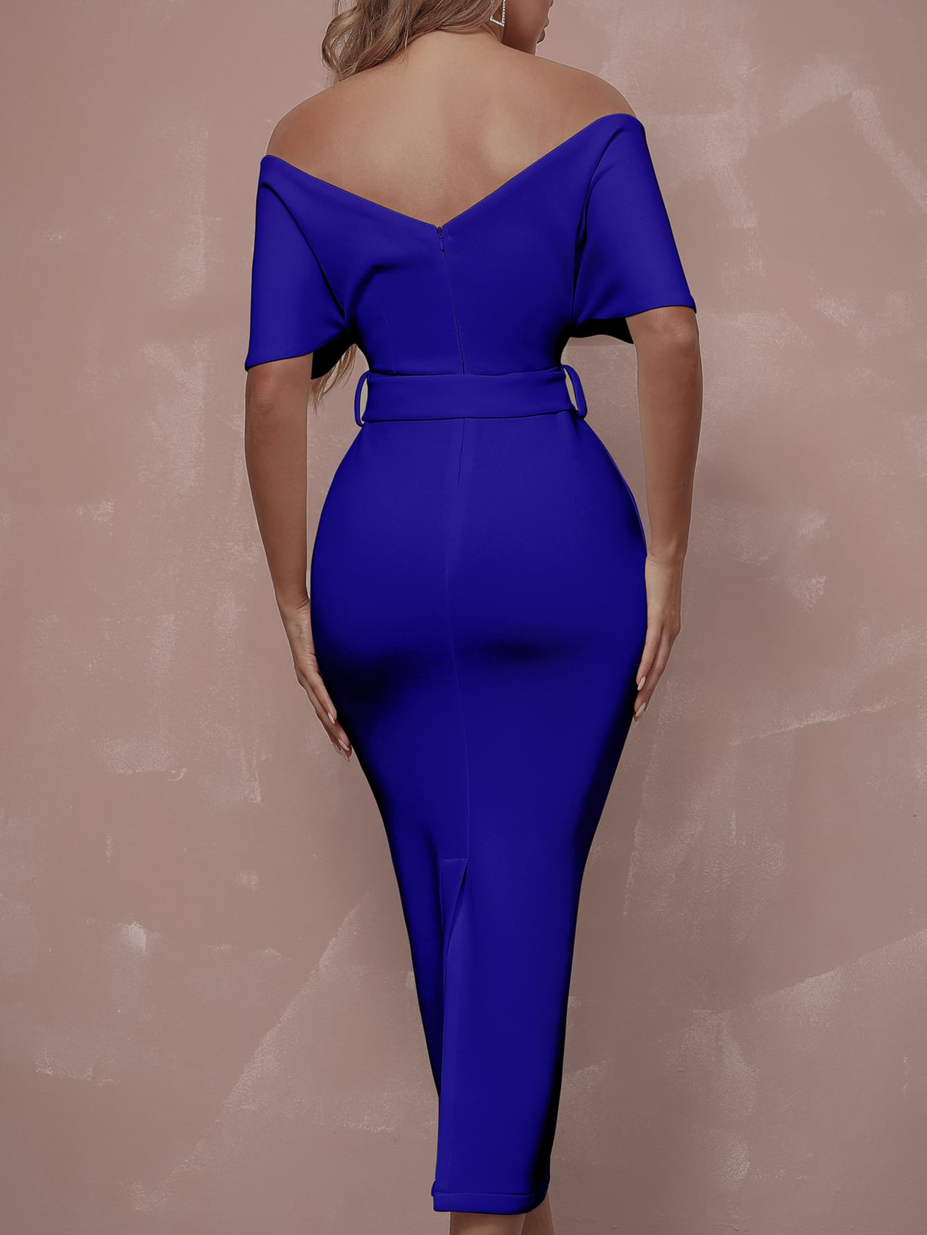 LLstyle Neck Off-Shoulder Backless Front Buckle Belted Cocktail Party Dress