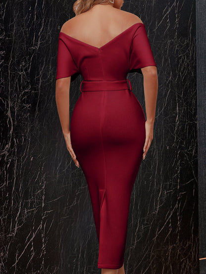 LLstyle Neck Off-Shoulder Backless Front Buckle Belted Cocktail Party Dress