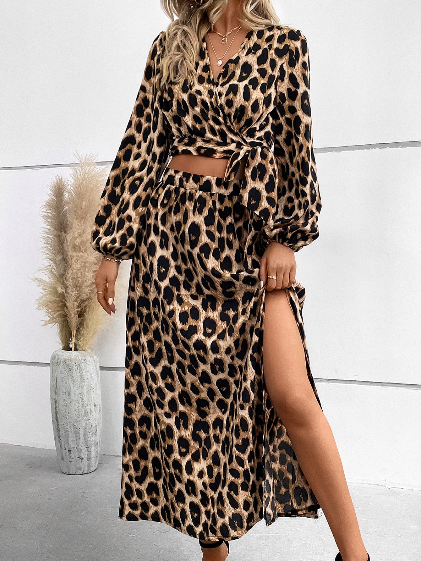 Leopard Print Lantern Sleeve Knot Side Crop Top Split Skirt