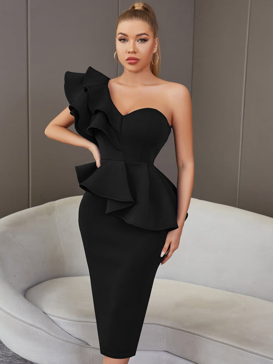 LLstyle One Shoulder Exaggerated Ruffle Split Back Bodycon Cocktail Dress