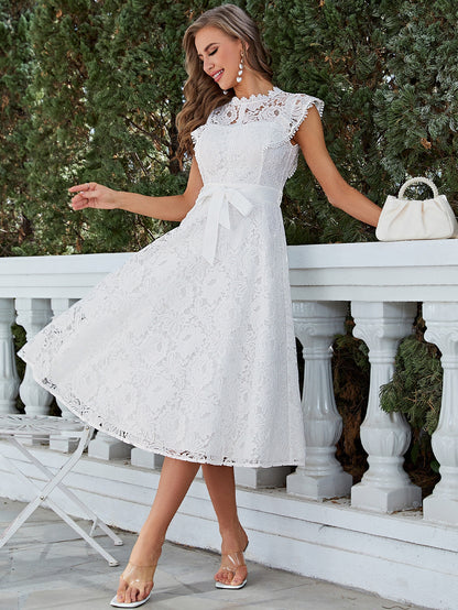 LLstyle Solid Belted Lace Overlay Dress