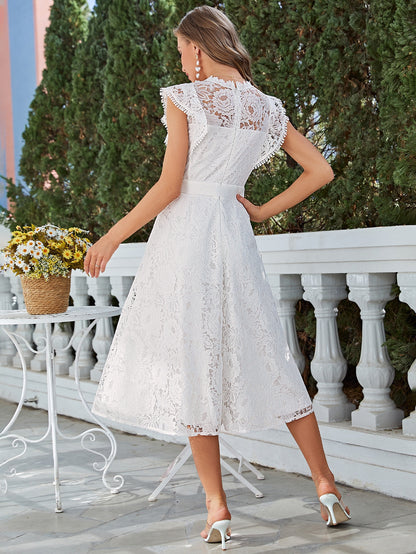 LLstyle Solid Belted Lace Overlay Dress