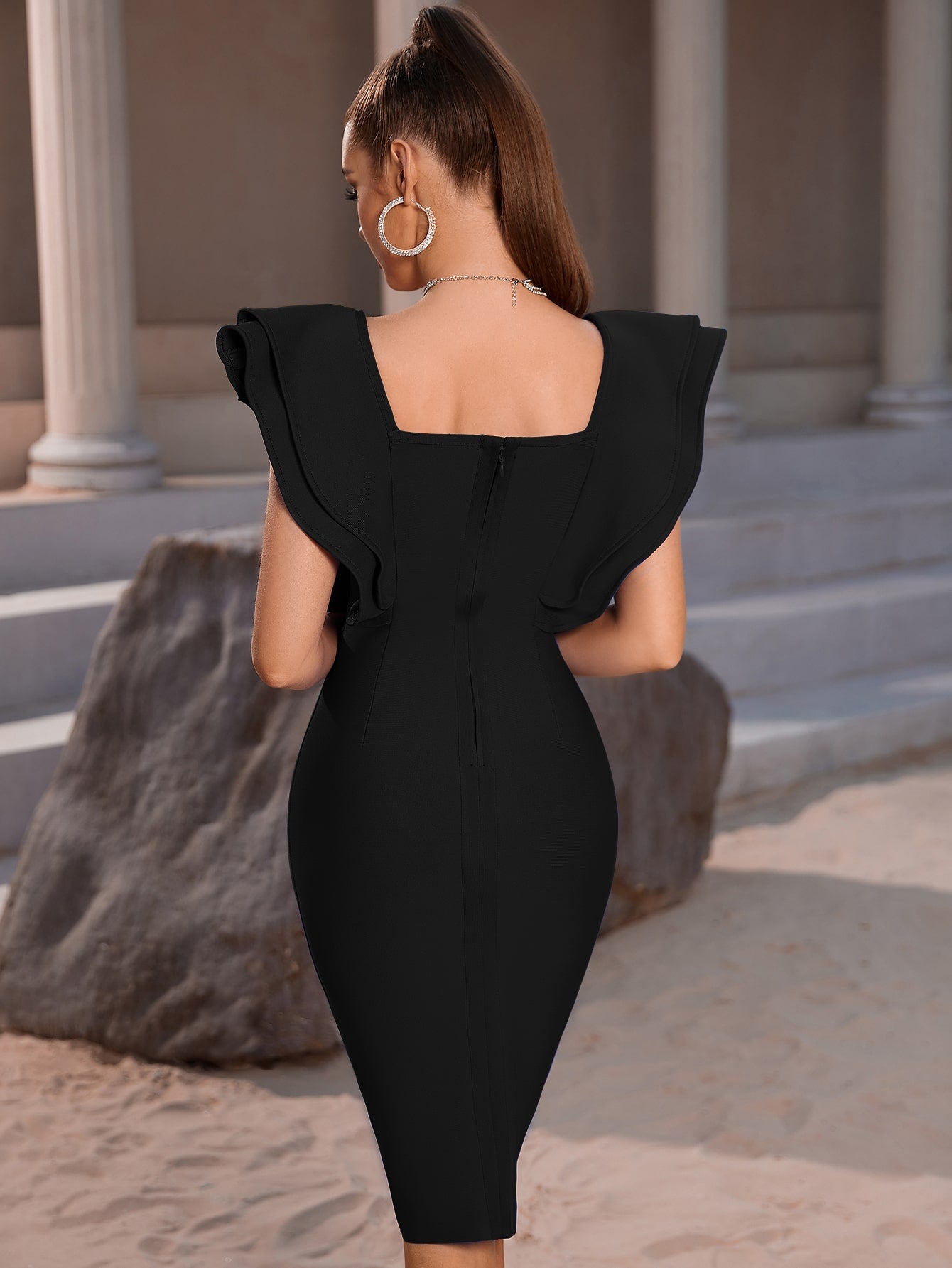 LLstyle- Neck Backless Ruffle Trim Cocktail Party Bandage Bodycon Dress