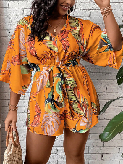 LLstyle Plus Tropical Print Batwing Sleeve Belted Romper