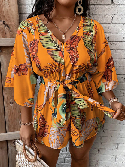 LLstyle Plus Tropical Print Batwing Sleeve Belted Romper