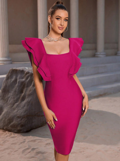 LLstyle- Neck Backless Ruffle Trim Cocktail Party Bandage Bodycon Dress