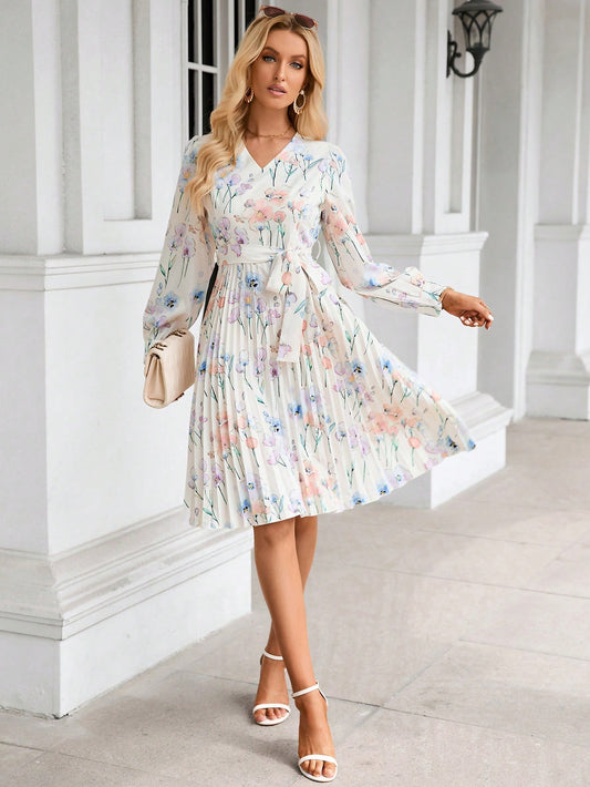 LLstyle Floral Print Pleated Hem Belted Dress