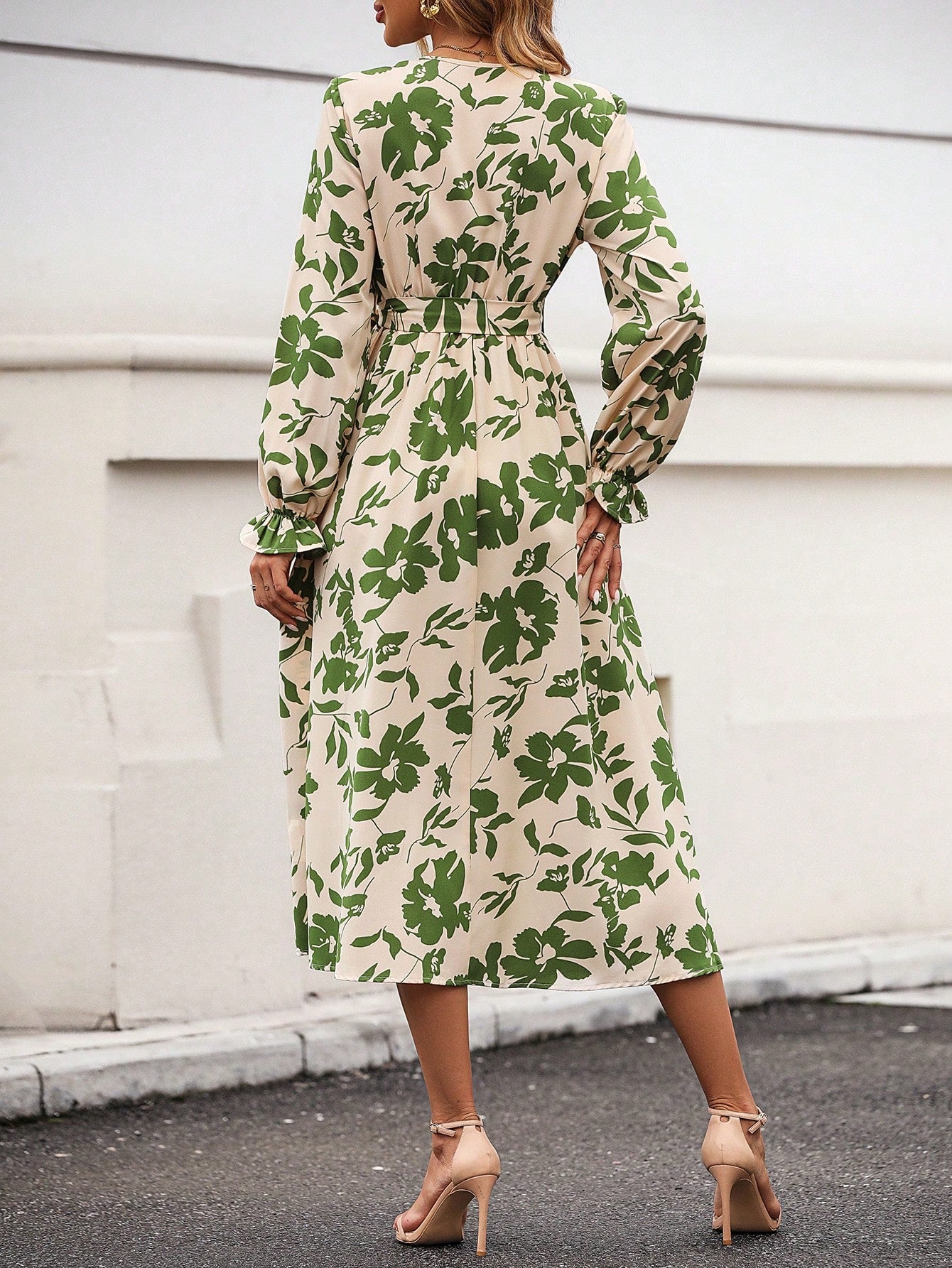 LLstyle Print Flare Sleeve Belted Dress
