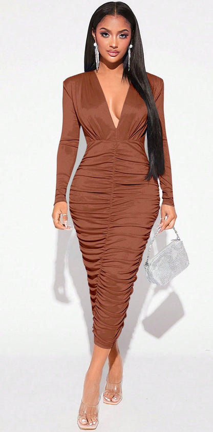 LLstyle Plunging Neck Ruched Bodycon Dress